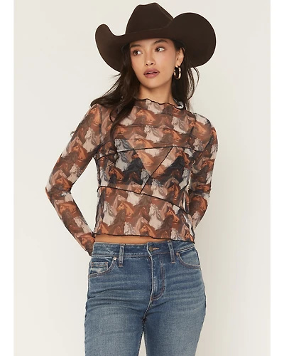 Rock & Roll Denim Women's Horse Print Long Sleeve Mesh Top