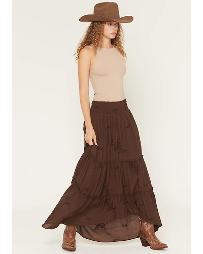 Wild Moss Women's Embroidered Ruffle Midi Skirt