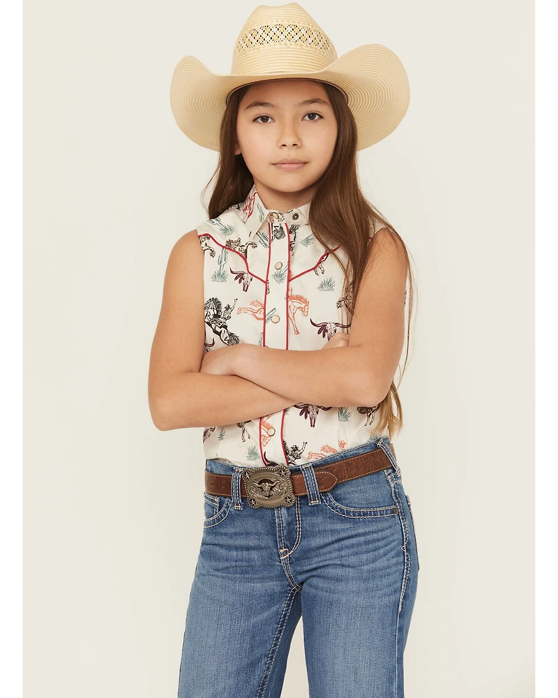 Rock & Roll Denim Girls' Conversation Print Sleeveless Snap Stretch Western Shirt