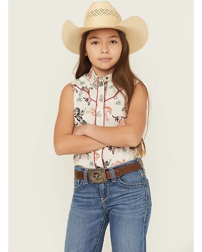 Rock & Roll Denim Girls' Conversation Print Sleeveless Snap Stretch Western Shirt