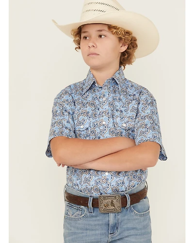 Rock & Roll Boys' Paisley Print Short Sleeve Pearl Snap Stretch Western Shirt