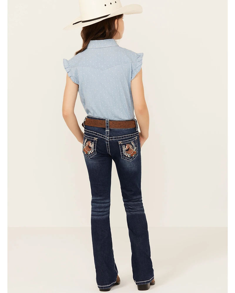 Shyanne Little Girls' Dark Wash Horseshoe Pocket Bootcut Stretch Denim Jeans