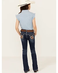 Shyanne Little Girls' Dark Wash Horseshoe Pocket Bootcut Stretch Denim Jeans