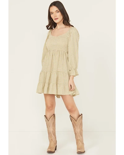 Blue B Women's Gingham Long Sleeve Mini Dress