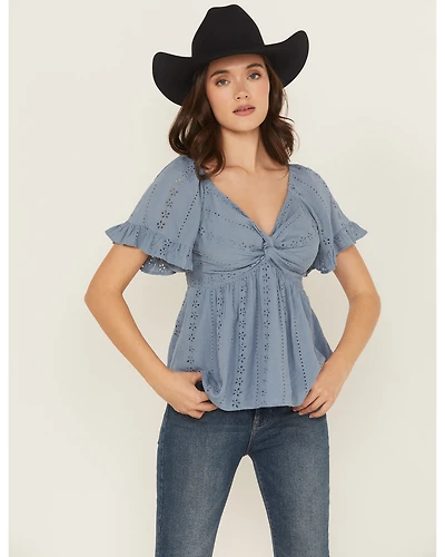 Angie Women's Eyelet Short Puff Sleeve Shirt