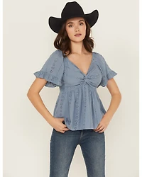 Angie Women's Eyelet Short Puff Sleeve Shirt