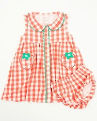 Angel Dear infant Girls' Strawberry Gingham Sleeveless Snap Dress And Diaper Set - 2 Piece