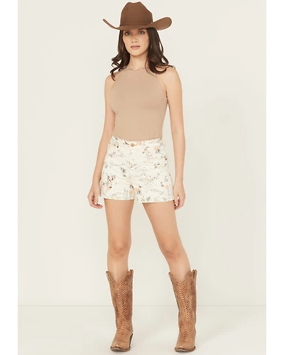 Wrangler Women's High Rise Sundown Printed Cowboy Stretch Denim Shorts