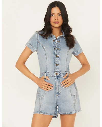 Rolla's X AC/DC Women's Light Wash Lightening Short Sleeve Button-Down Denim Romper