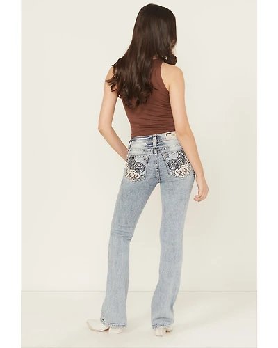 Miss Me Women's Medium Wash Mid Rise Americana Fleur de Lis 34" Bootcut Stretch Denim Jeans