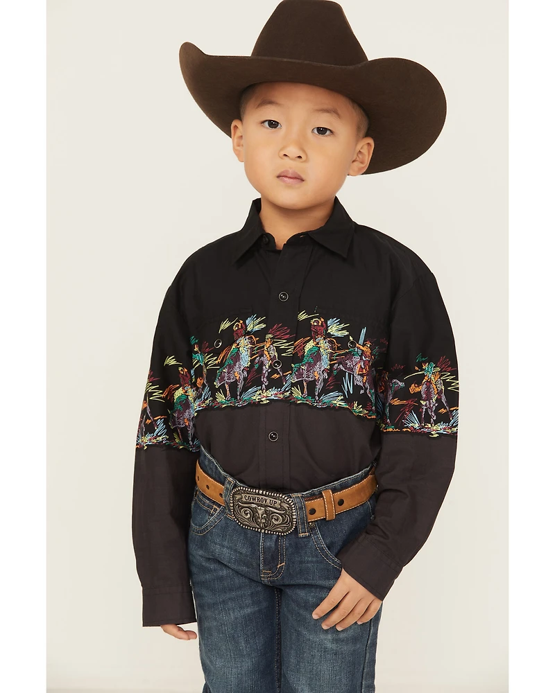 Roper Boys' Striped Border Print Long Sleeve Snap Western Shirt