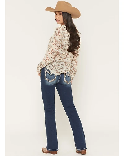 Miss Me Women's Medium Wash Mid Rise Border Pocket 32" Bootcut Stretch Denim Jeans