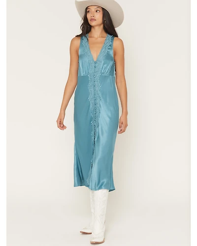 Shyanne Women's Satin Lace Trim Sleeveless Button-Down Midi Dress