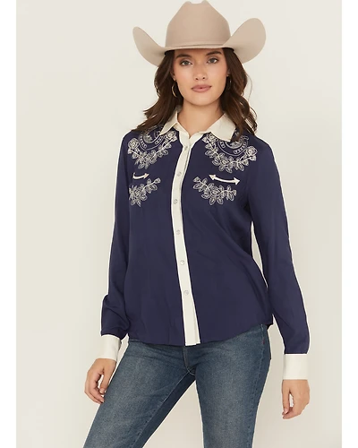 Panhandle Women's Retro Floral & Horse Embroidered Long Sleeve Pearl Snap Western Shirt