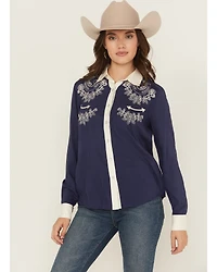Panhandle Women's Retro Floral & Horse Embroidered Long Sleeve Pearl Snap Western Shirt