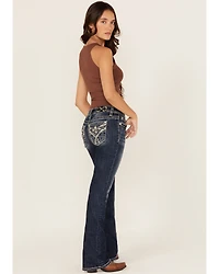 Miss Me Women's Dark Wash Mid Rise Paisley Pocket 34" Bootcut Stretch Denim Jeans
