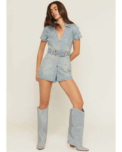 Show Me Your Mumu Women's Medium Wash Dolly Embellished Short Sleeve Denim Romper