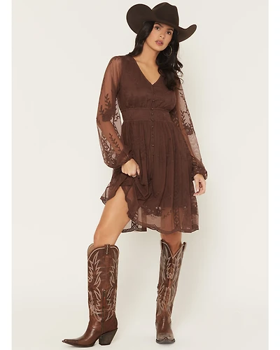 Shyanne Women's Embroidered Mesh Long Sleeve Button Front Mini Dress