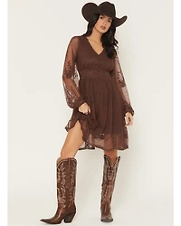 Shyanne Women's Embroidered Mesh Long Sleeve Button Front Mini Dress