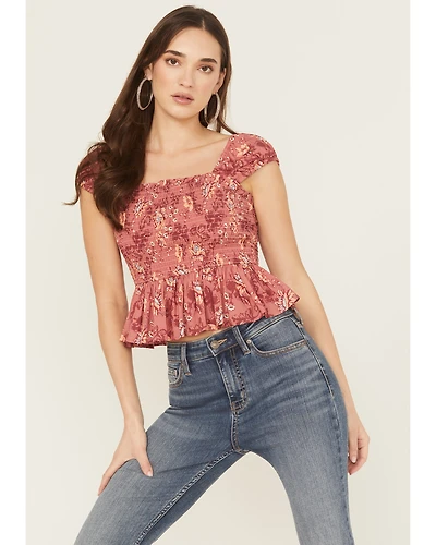 Rock & Roll Denim Women's Floral Print Sleeveless Smocked Top