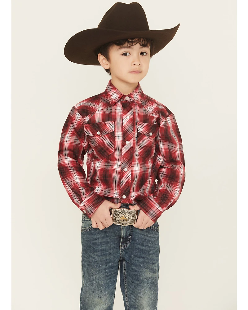 Roper Boys' Plaid Print Long Sleeve Pearl Snap Western Shirt