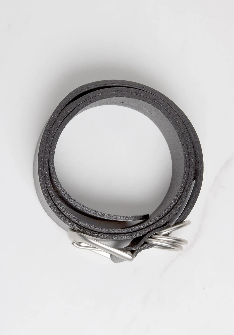 leather belt with silver buckle and triple rings