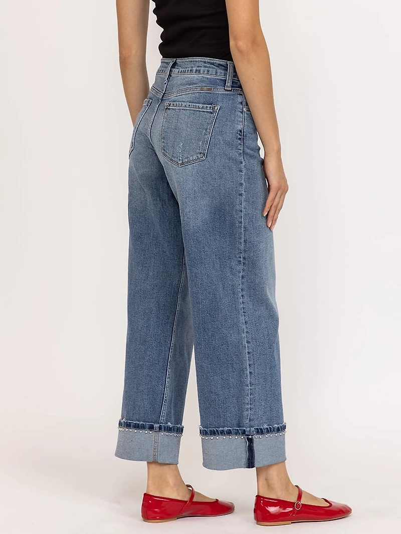 mid rise studded wide leg jean