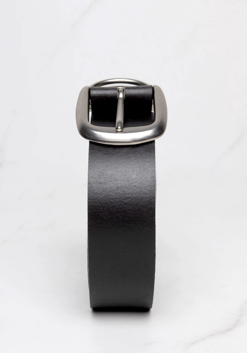 leather belt with silver buckle and triple rings