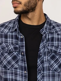 indigo plaid flannel shirt with flap pockets