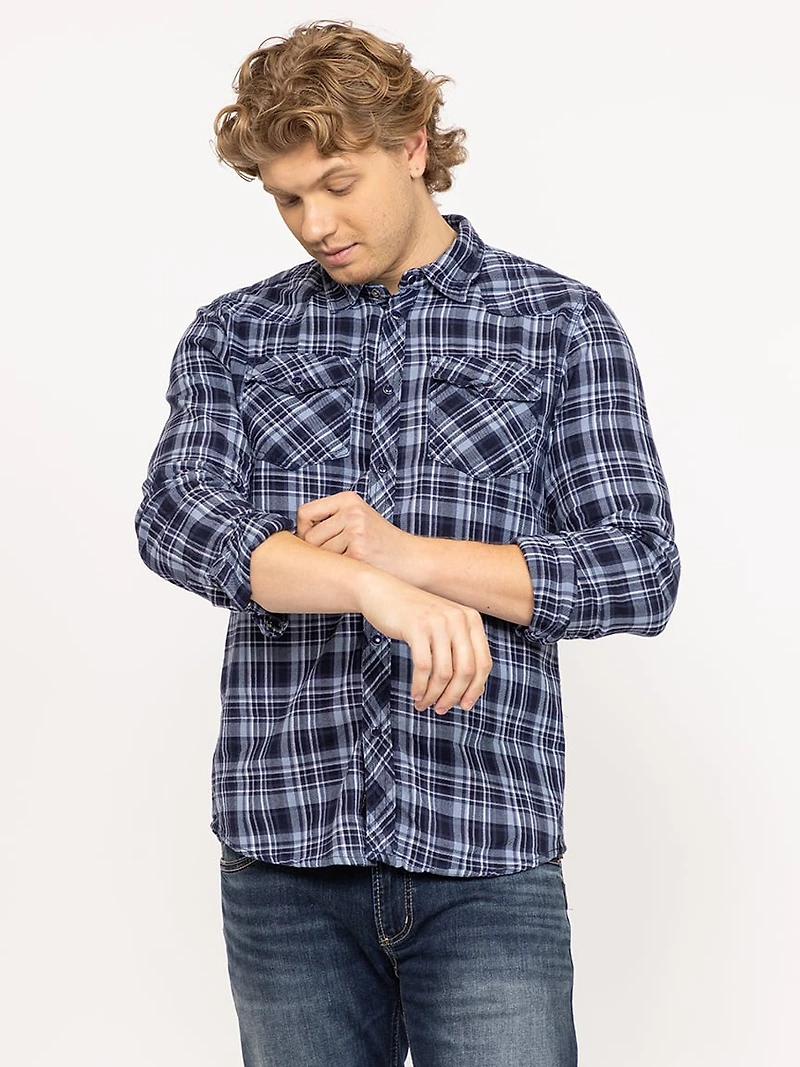 indigo plaid flannel shirt with flap pockets