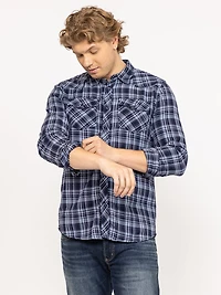 indigo plaid flannel shirt with flap pockets