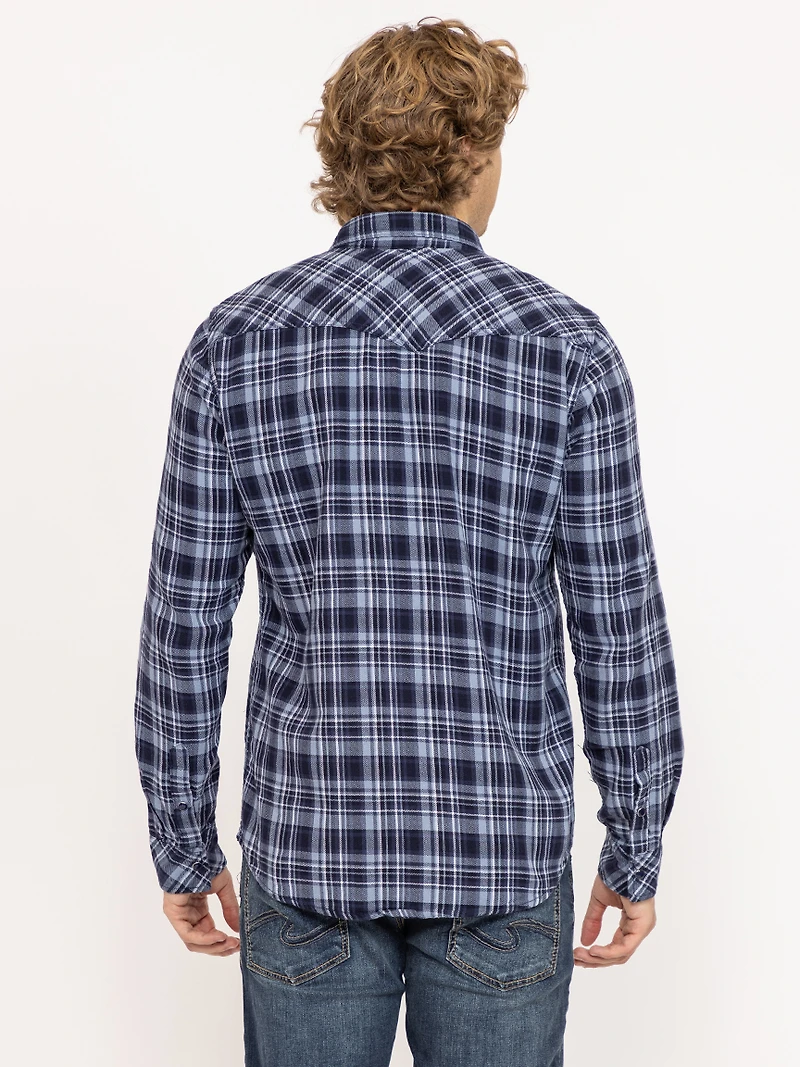 indigo plaid flannel shirt with flap pockets