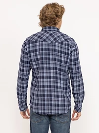 indigo plaid flannel shirt with flap pockets