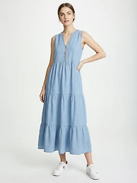 long tiered chambray dress
