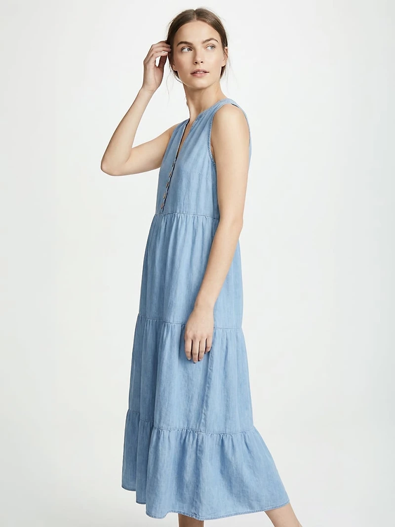 long tiered chambray dress