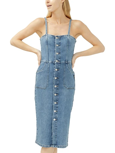 Button-Front Denim Midi Dress