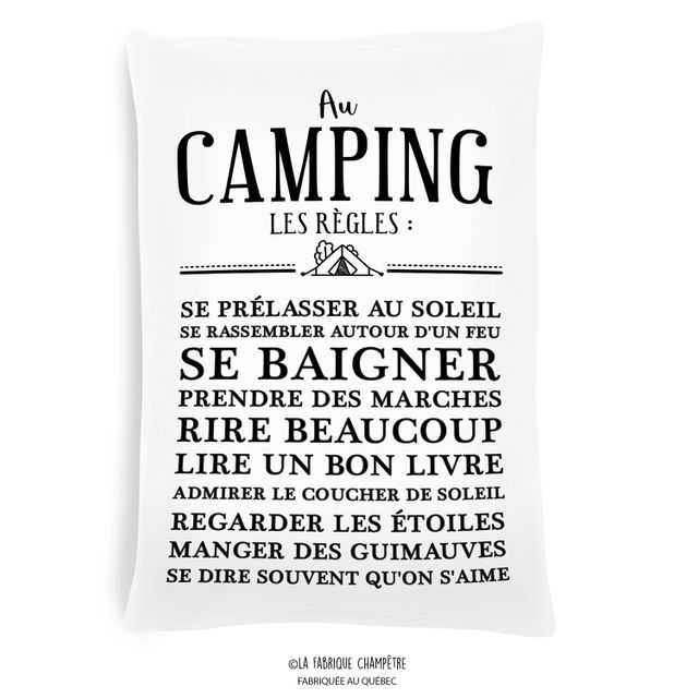 Coussin à texte – Au camping les règles..