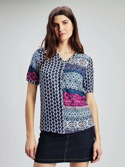 3/4-sleeve loose blouse with buttons