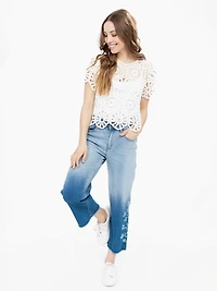 Wide-Leg Ombre Jeans with Floral Print