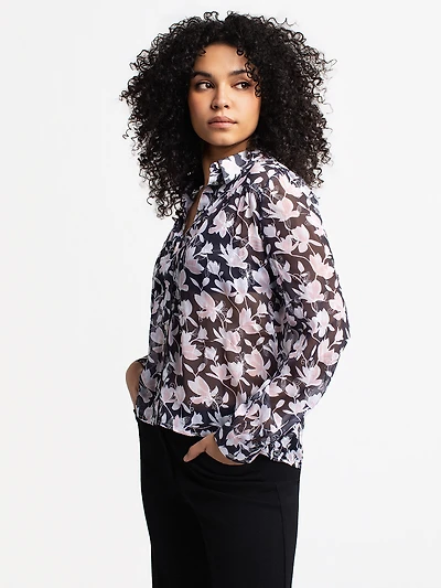 Long-sleeve loose blouse with buttons