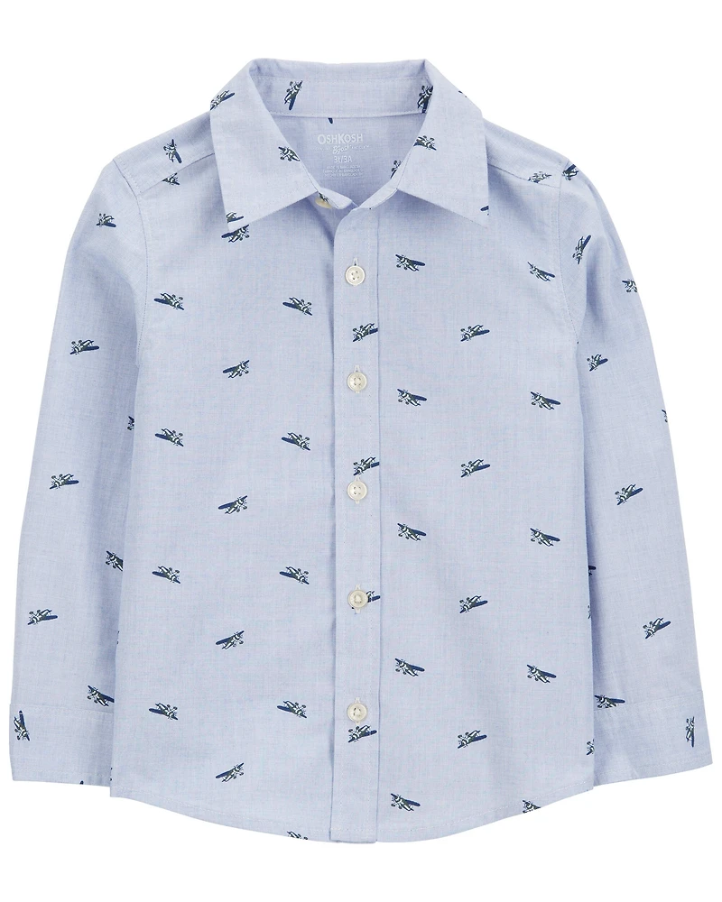 Toddler Airplane Print Long-Sleeve Button Down Shirt - Blue
