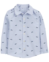 Toddler Airplane Print Long-Sleeve Button Down Shirt - Blue