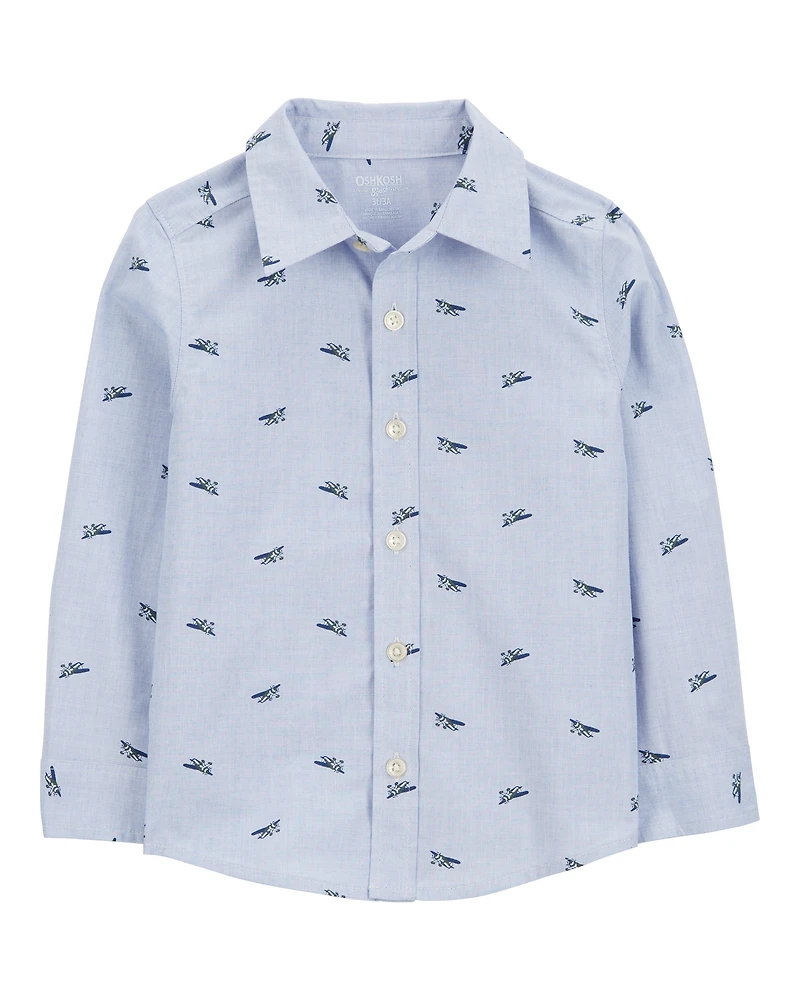 Toddler Airplane Print Long-Sleeve Button Down Shirt - Blue