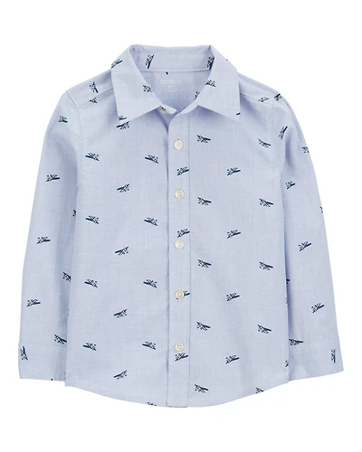 Toddler Airplane Print Long-Sleeve Button Down Shirt - Blue