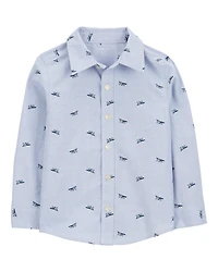 Toddler Airplane Print Long-Sleeve Button Down Shirt - Blue