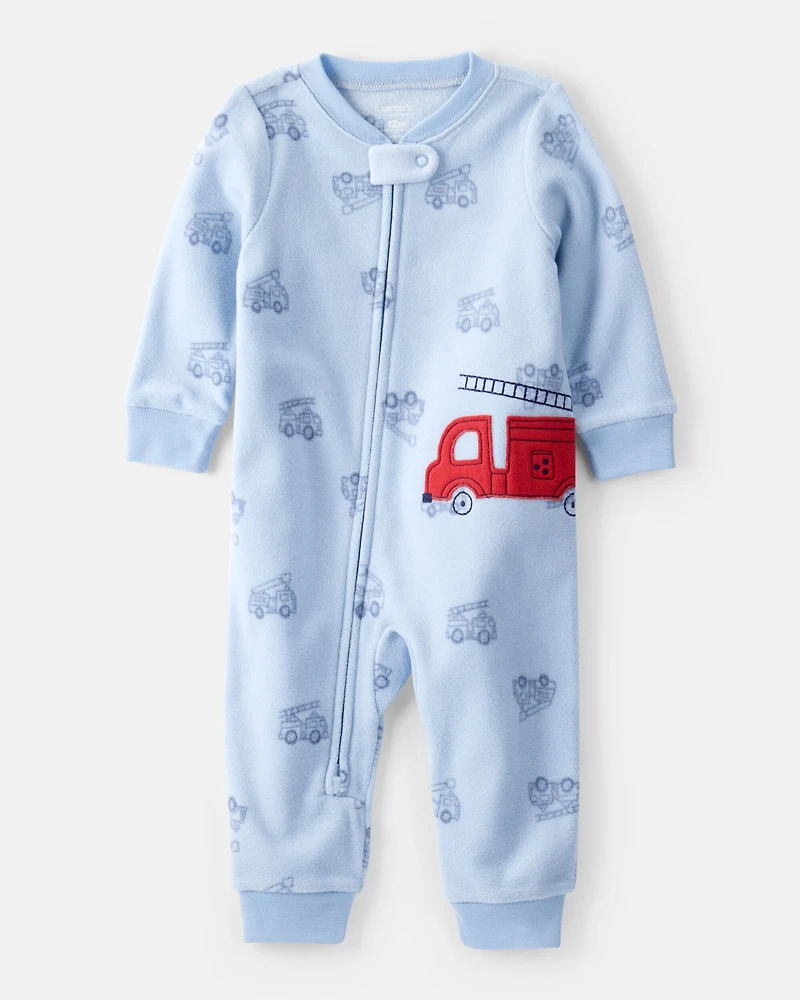Baby Boy Firetruck Print Loose Fit Long-Sleeve 2-Way Zip 1-Piece Pajamas - Blue