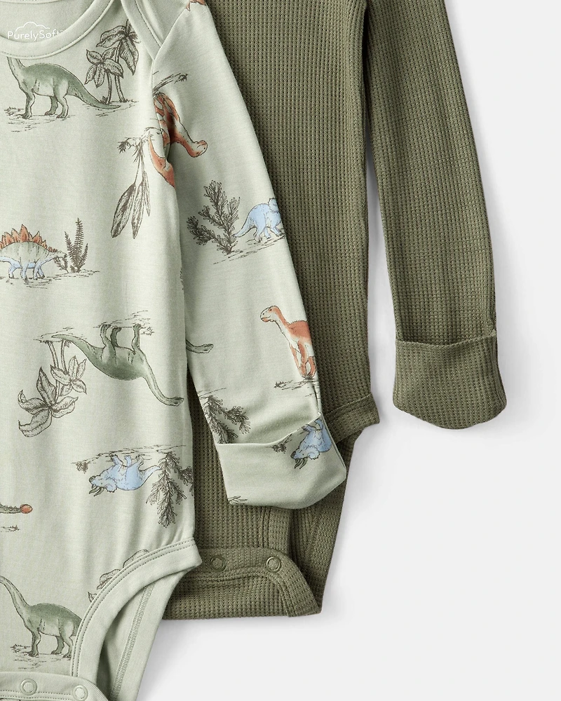 Baby Boy 2-Pack Dinosaur Print PurelySoft Long-Sleeve Multipack Bodysuits - Green