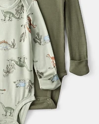Baby Boy 2-Pack Dinosaur Print PurelySoft Long-Sleeve Multipack Bodysuits - Green