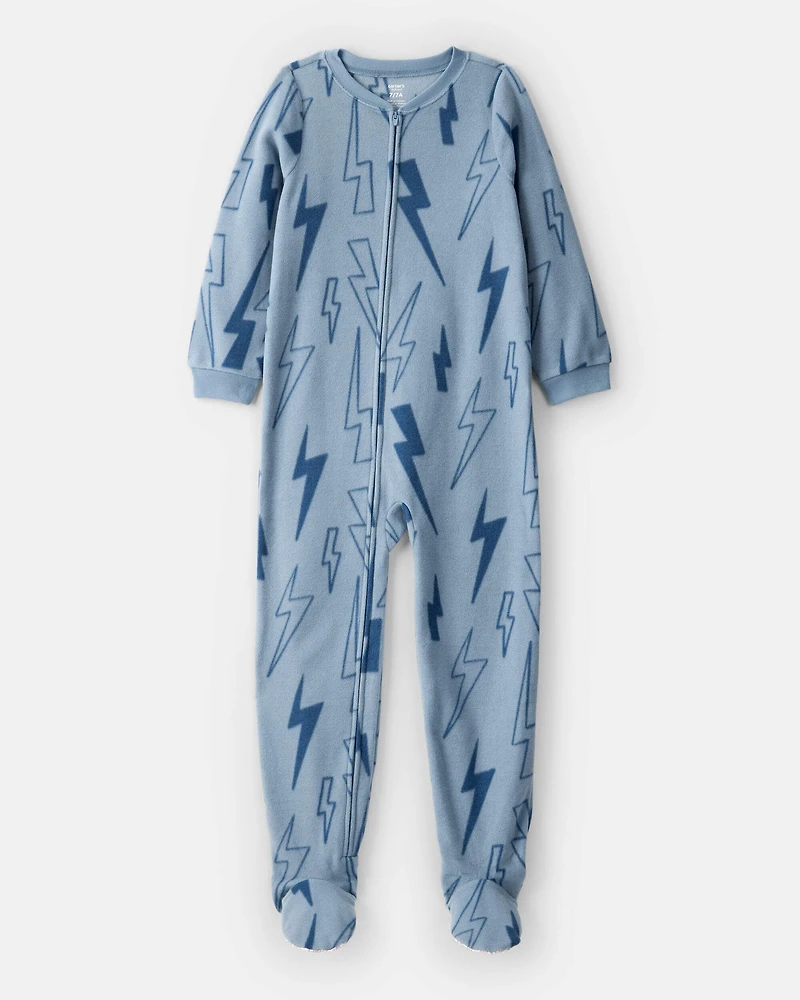 Boys Lightning Print Fleece Long-Sleeve Loose Fit 1-Piece Pajamas - Blue
