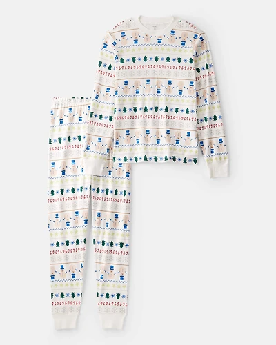 Adult Snowman Fair Isle 100% Cotton Long-Sleeve Snug Fit Pajamas - White